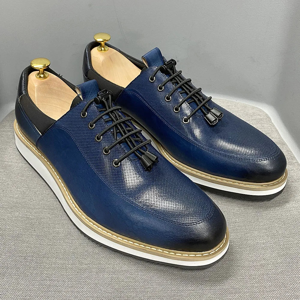 Men's Casual Fashion Shoes 2022 High-Quality Genuine Leather Lace-Up Luxury Sneakers Blue/Black Breathable Flat Oxfords