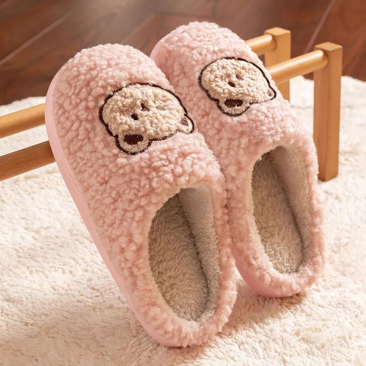 New Women Home Slippers Men Furry Indoor Bedroom Flats Warm Plush Couples Cute Cartoon Bear Winter Floor Slides Non-slip Shoes
