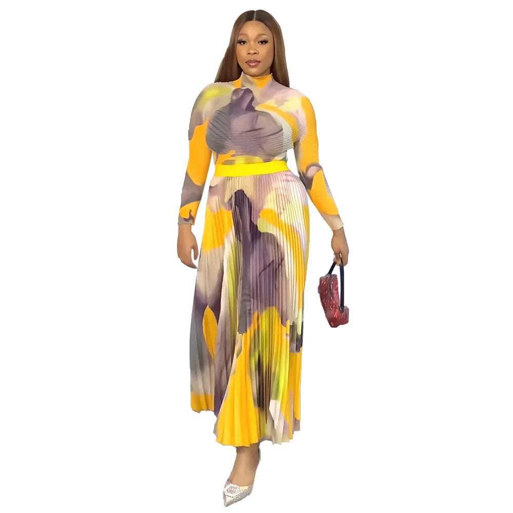 2 Piece Sets Womens Outfits Fashion Waffle Long Sleeved Pullover Short Top Elegant Pleated Skirt Tie Dye Autumn Two-Piece Set