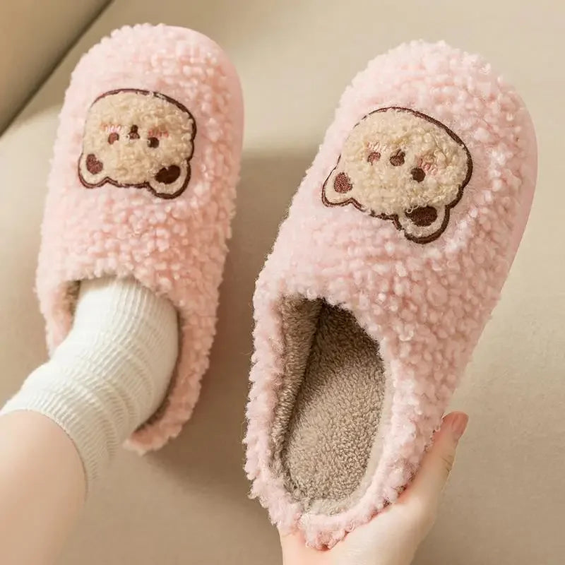 New Women Home Slippers Men Furry Indoor Bedroom Flats Warm Plush Couples Cute Cartoon Bear Winter Floor Slides Non-slip Shoes