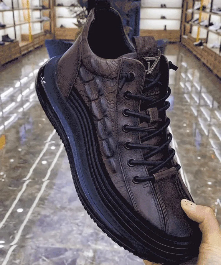 Men's winter thick bottom casual shoes light luxury fashion Air Cushion Cowhide Crocodile Print Sneakers Height Lifting Non-Slip