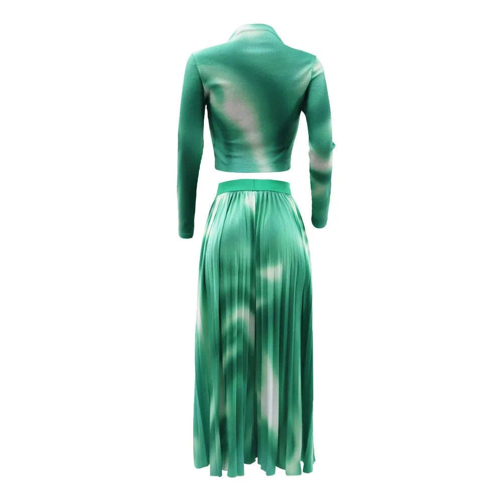 2 Piece Sets Womens Outfits Fashion Waffle Long Sleeved Pullover Short Top Elegant Pleated Skirt Tie Dye Autumn Two-Piece Set