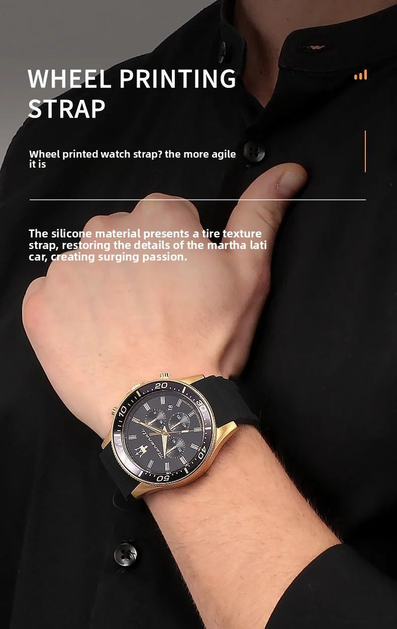 Original gold Maserati men's watch sports leisure luxury Shi Ying Europe and America large dial black silicone watch.