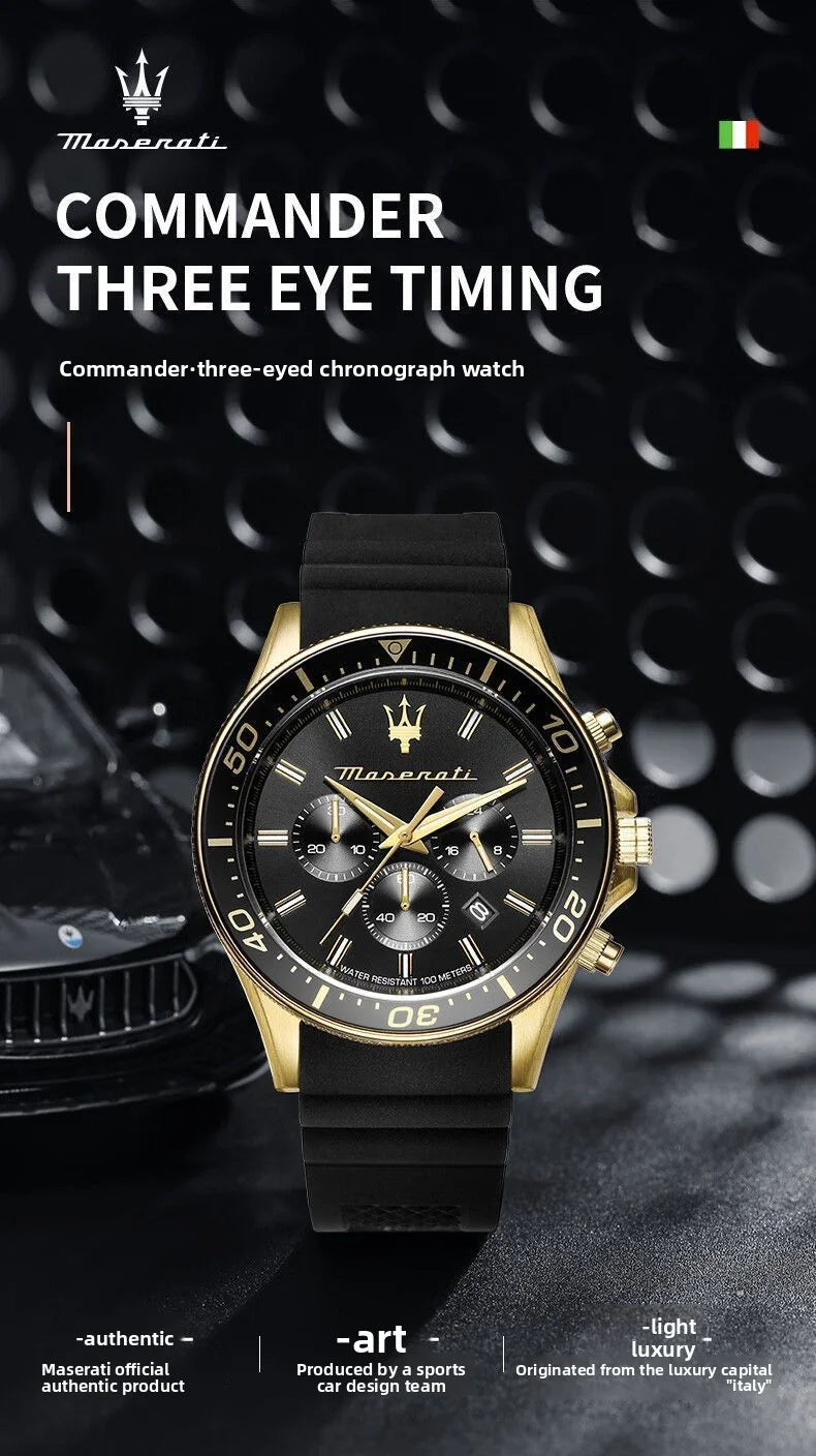 Original gold Maserati men's watch sports leisure luxury Shi Ying Europe and America large dial black silicone watch.