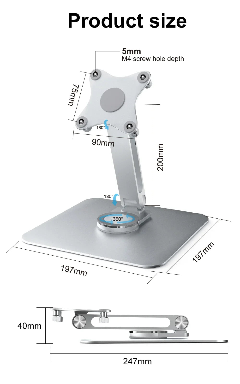 Aluminum Alloy Stand for Protable Monitor Table Bracket Adjustable 360 Rotation M4 Screw Bases Strong Load Capacity Super Stable