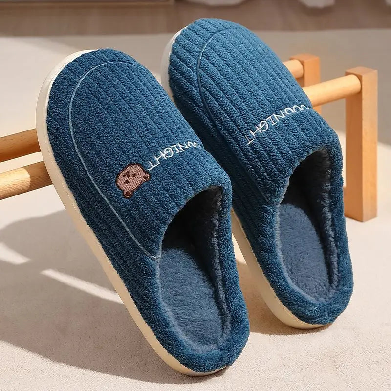 New Women Home Slippers Men Furry Indoor Bedroom Flats Warm Plush Couples Cute Cartoon Bear Winter Floor Slides Non-slip Shoes