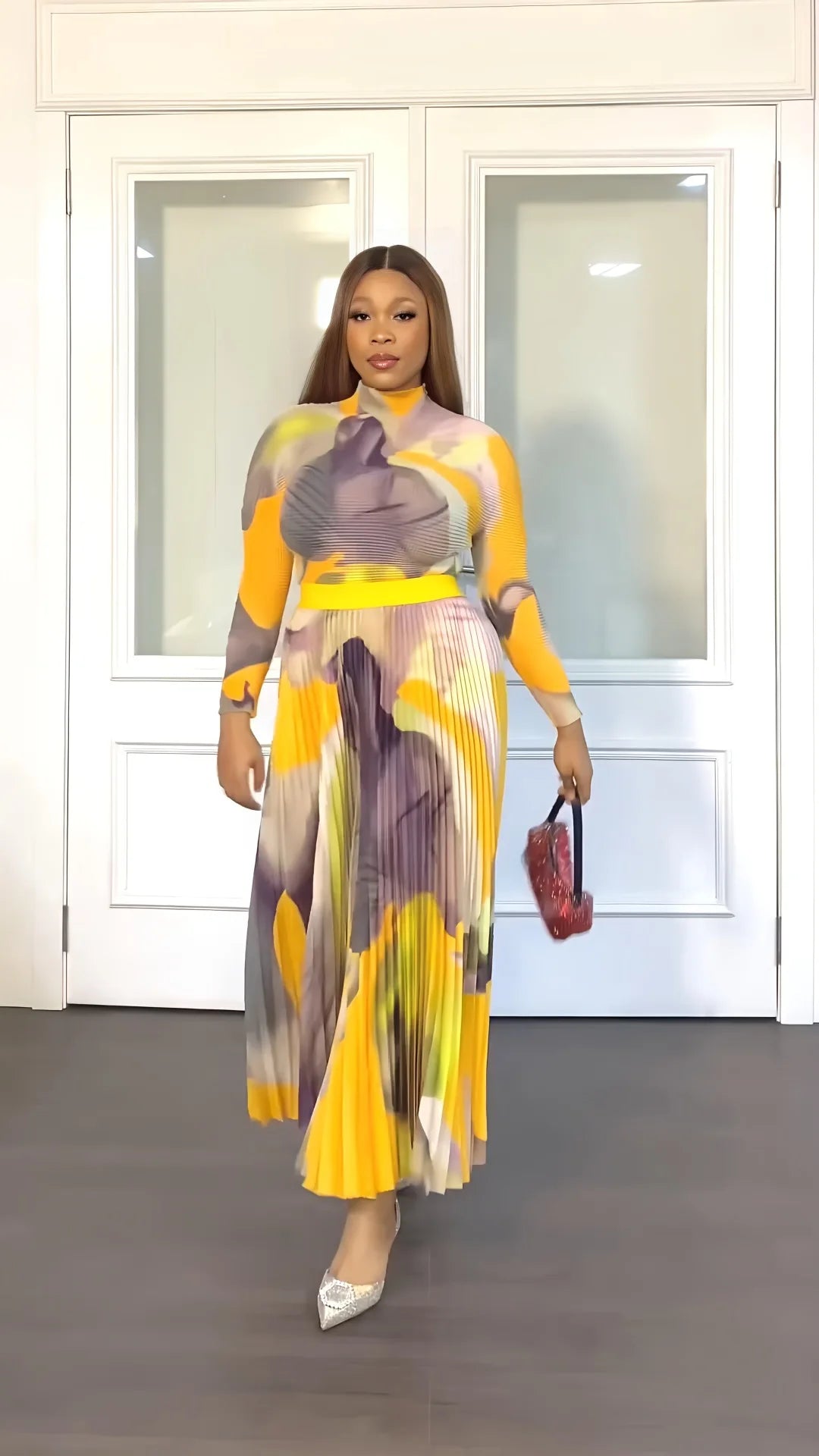 2 Piece Sets Womens Outfits Fashion Waffle Long Sleeved Pullover Short Top Elegant Pleated Skirt Tie Dye Autumn Two-Piece Set