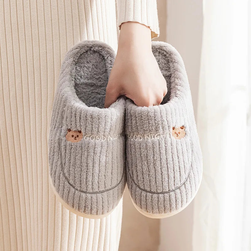 New Women Home Slippers Men Furry Indoor Bedroom Flats Warm Plush Couples Cute Cartoon Bear Winter Floor Slides Non-slip Shoes