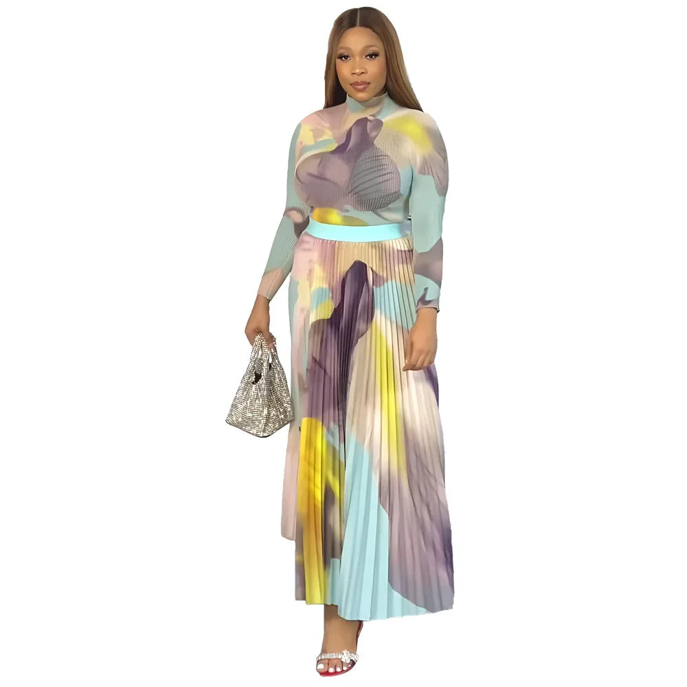2 Piece Sets Womens Outfits Fashion Waffle Long Sleeved Pullover Short Top Elegant Pleated Skirt Tie Dye Autumn Two-Piece Set