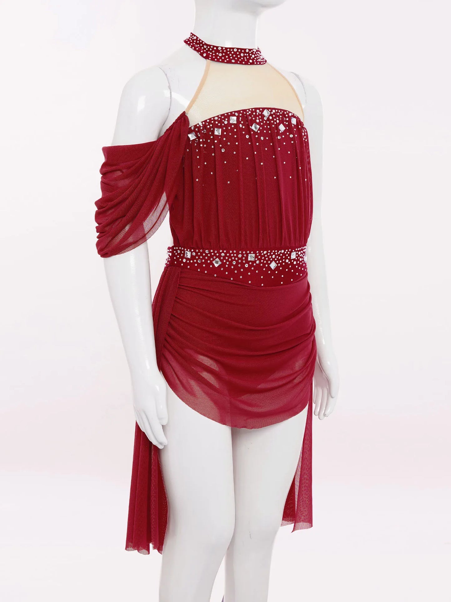 Kids Girls Lyrical Dance Leotard Dress Halter Backless Cutout Back Shiny Rhinestones Ruched Mesh Drape Dresses Modern Dancewear