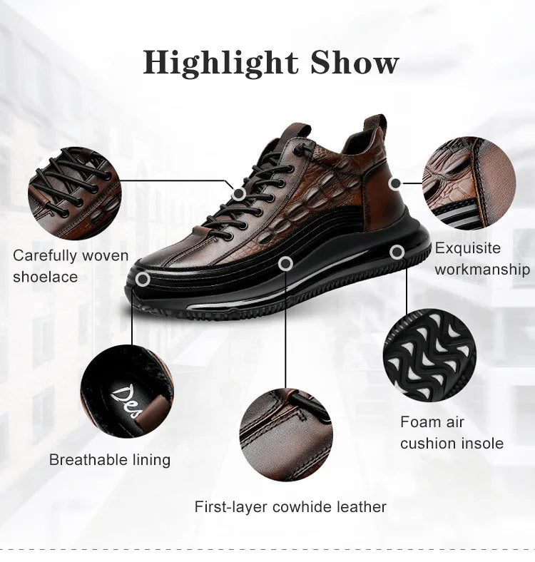 Men's winter thick bottom casual shoes light luxury fashion Air Cushion Cowhide Crocodile Print Sneakers Height Lifting Non-Slip