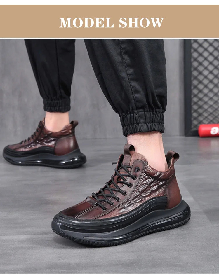 Men's winter thick bottom casual shoes light luxury fashion Air Cushion Cowhide Crocodile Print Sneakers Height Lifting Non-Slip