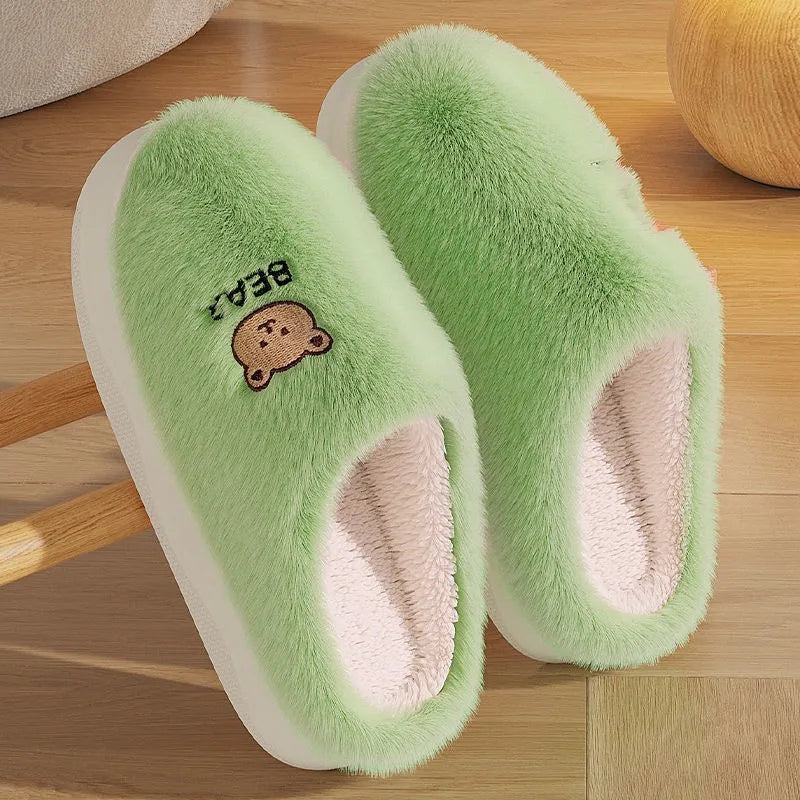 New Women Home Slippers Men Furry Indoor Bedroom Flats Warm Plush Couples Cute Cartoon Bear Winter Floor Slides Non-slip Shoes