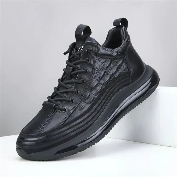 Men's winter thick bottom casual shoes light luxury fashion Air Cushion Cowhide Crocodile Print Sneakers Height Lifting Non-Slip