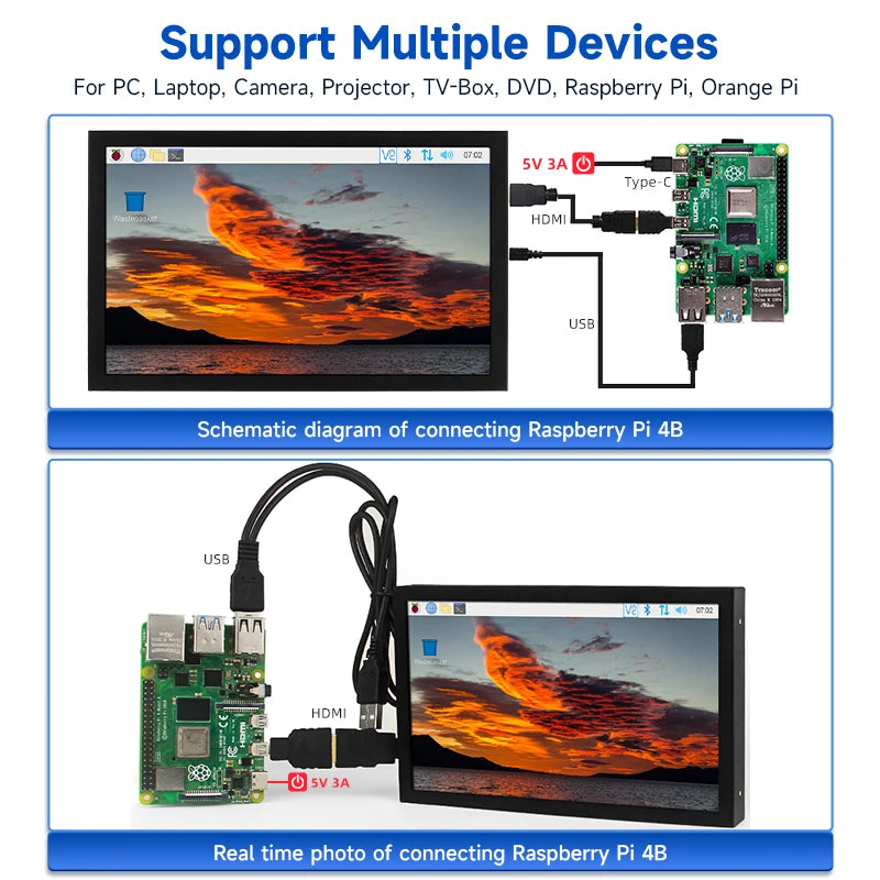 7 Inch Portable Display IPS 1024x600 LCD HDMI-compatible VGA AV Input DC Type C Power In for PC Laptop Camera TV Box DVD Screen