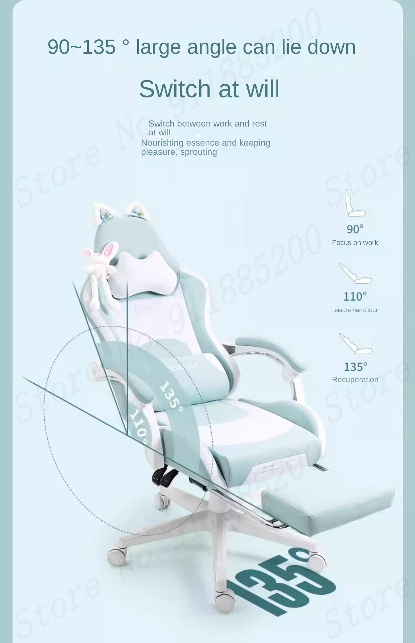 Cat-ear Computer Chair Girls Home Office Gaming Chair Comfortable Back 135° Adjustable Bedroom Student Linkage Armrest Chair