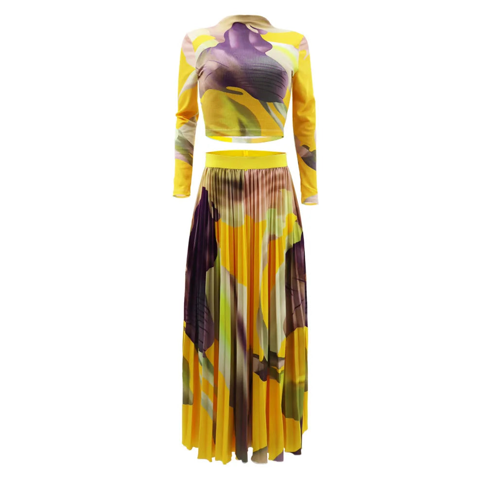 2 Piece Sets Womens Outfits Fashion Waffle Long Sleeved Pullover Short Top Elegant Pleated Skirt Tie Dye Autumn Two-Piece Set