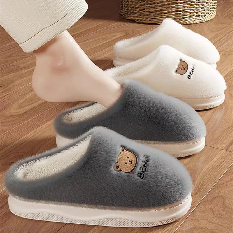 New Women Home Slippers Men Furry Indoor Bedroom Flats Warm Plush Couples Cute Cartoon Bear Winter Floor Slides Non-slip Shoes