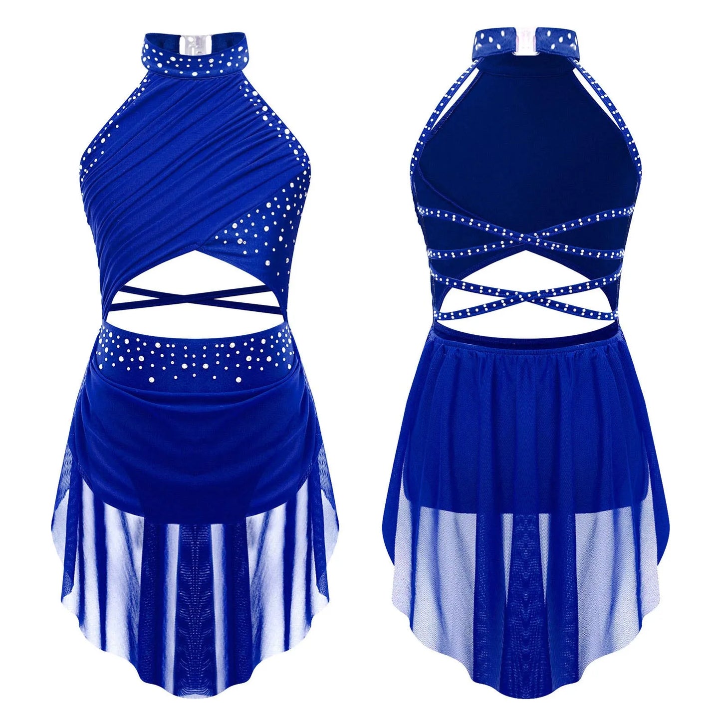 Kids Girls Lyrical Dance Leotard Dress Halter Backless Cutout Back Shiny Rhinestones Ruched Mesh Drape Dresses Modern Dancewear