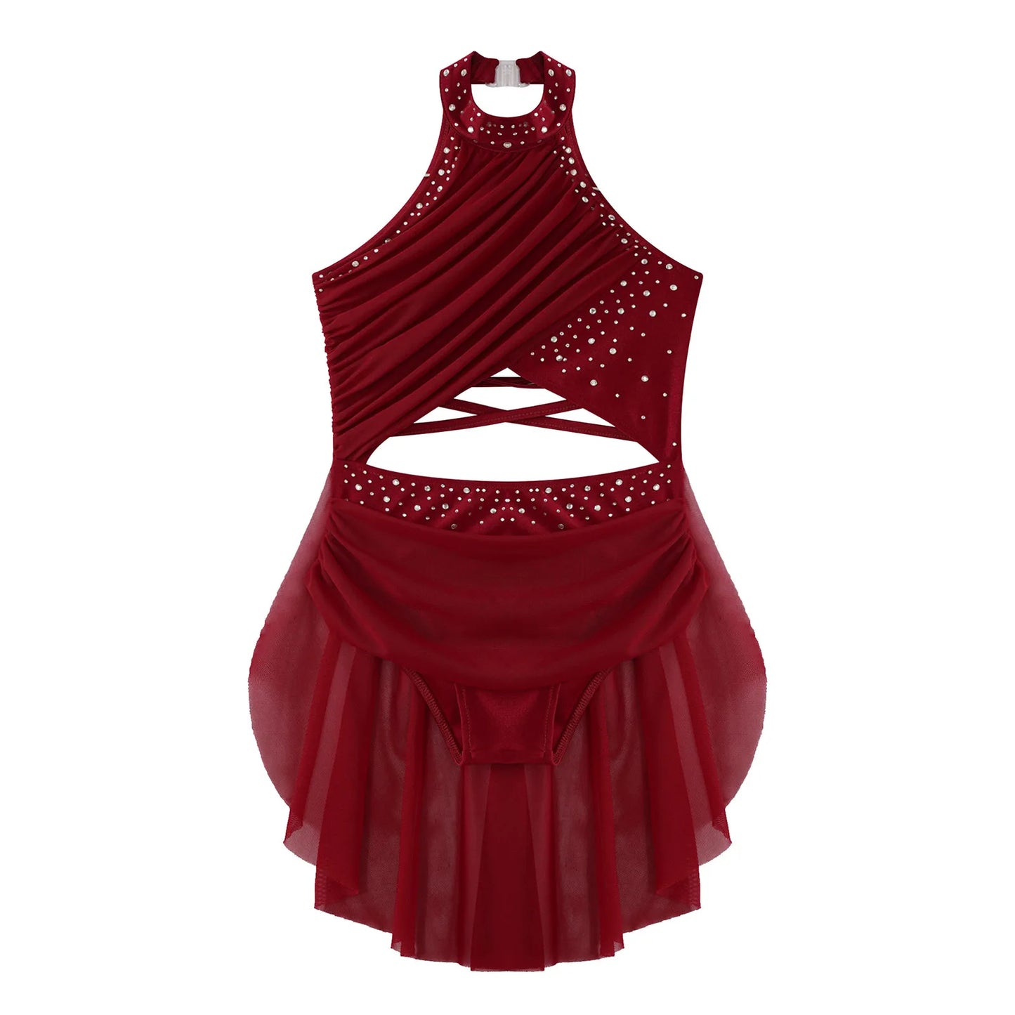 Kids Girls Lyrical Dance Leotard Dress Halter Backless Cutout Back Shiny Rhinestones Ruched Mesh Drape Dresses Modern Dancewear