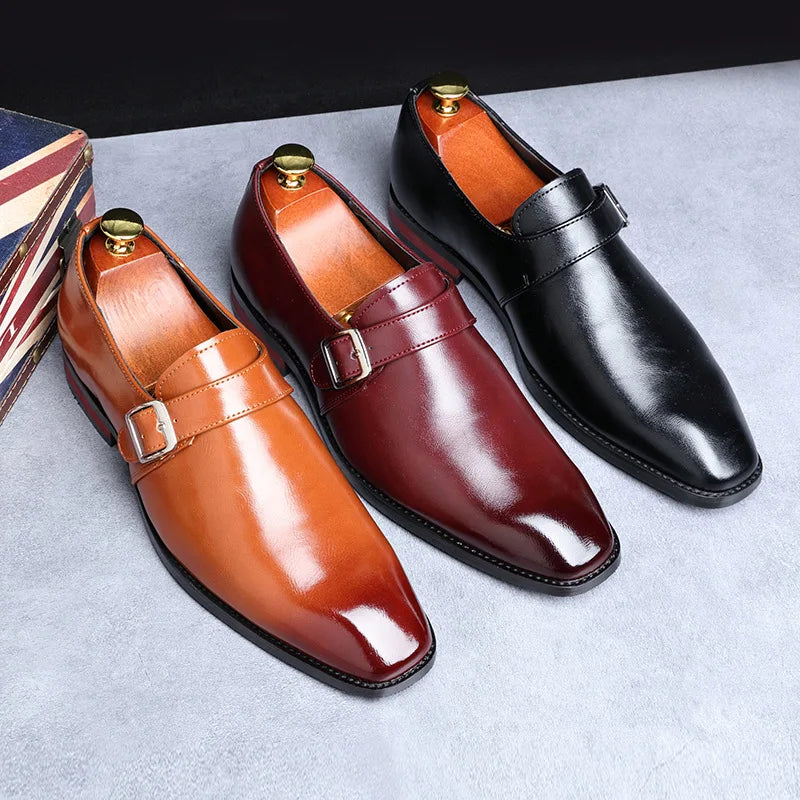 Man Retro Casual Business Shoes Microfiber Leather Square Toe Slip-on Buckle Dress Office Flats For Men Wedding Party Oxfords