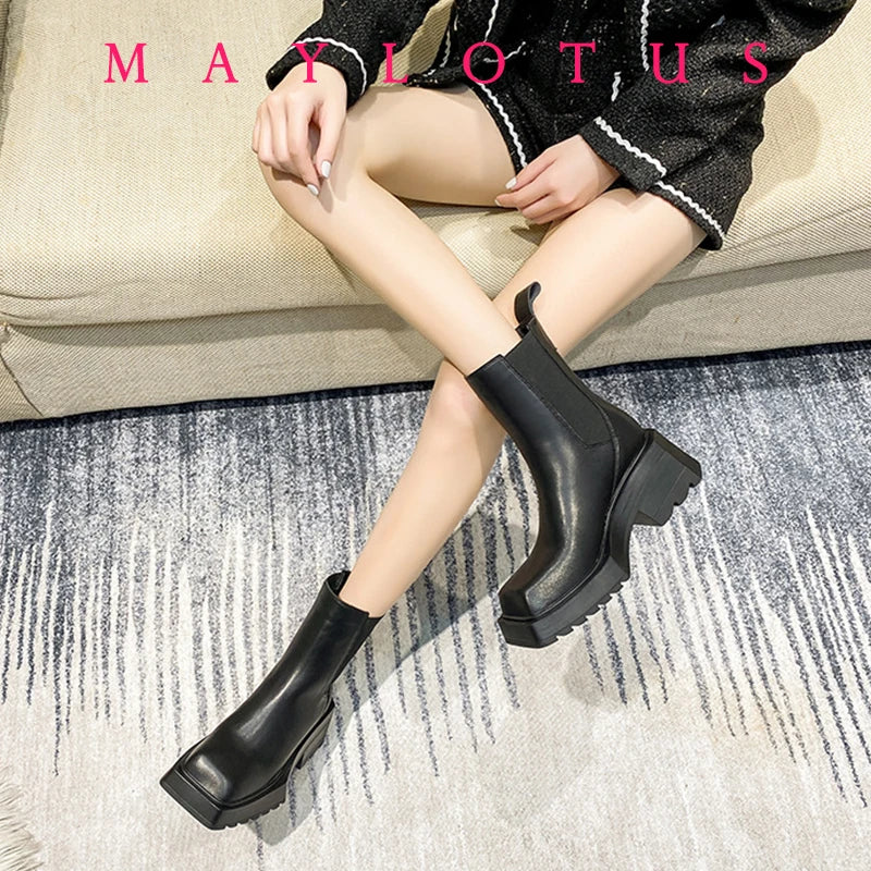 Chelsea Boots Women Cow Leather Square Toe Fashion Slip On Thick Sole Block Heel Ladies Flat Shoes Winter Ankle Boots