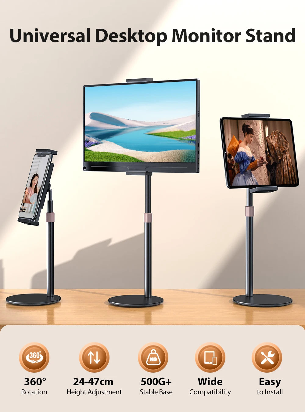 Portable Vesa Monitor Tablet Holder Adjustable Monitor Stand Height Up To 24Cm Standing Tablet Bracket Desk Mount Wider Base