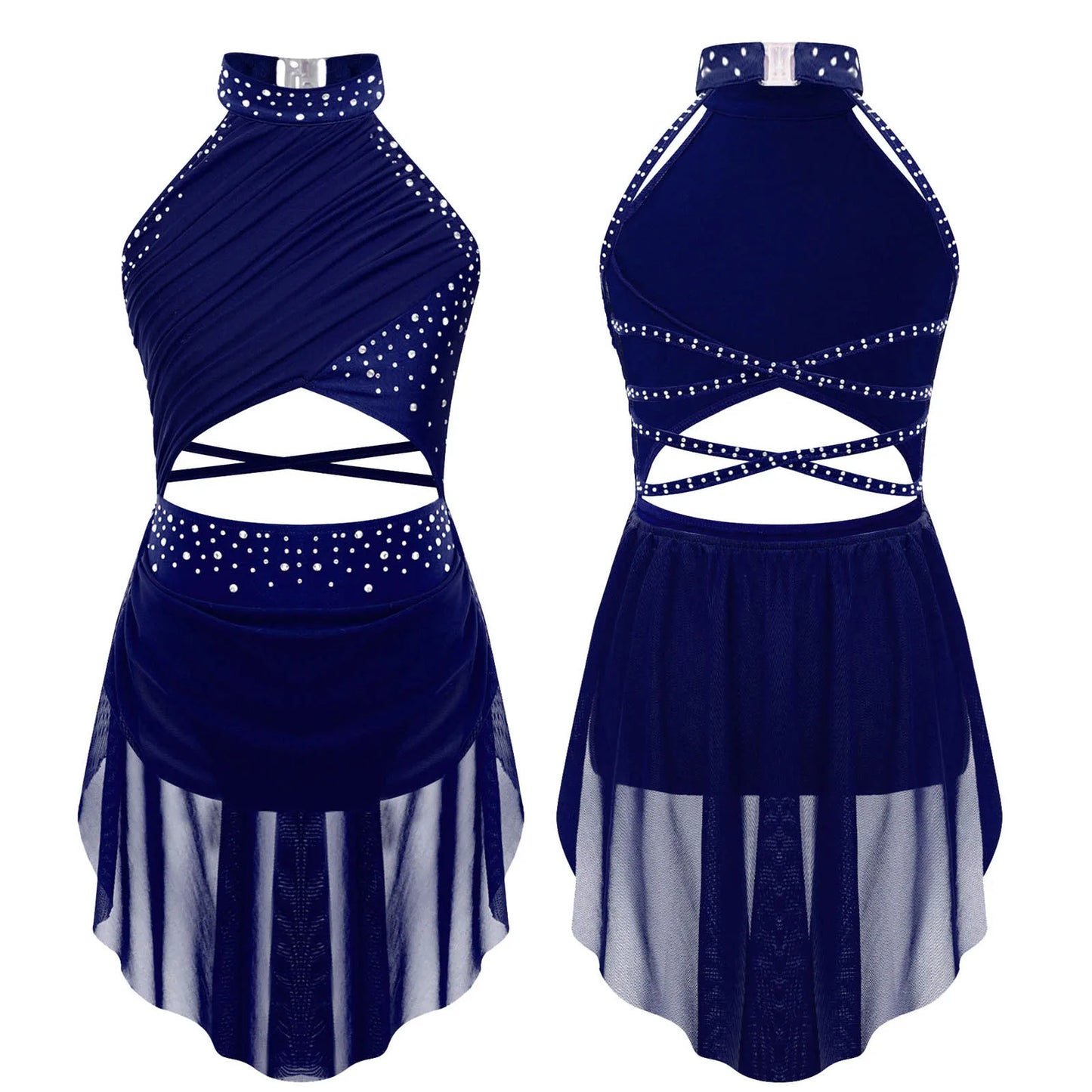 Kids Girls Lyrical Dance Leotard Dress Halter Backless Cutout Back Shiny Rhinestones Ruched Mesh Drape Dresses Modern Dancewear
