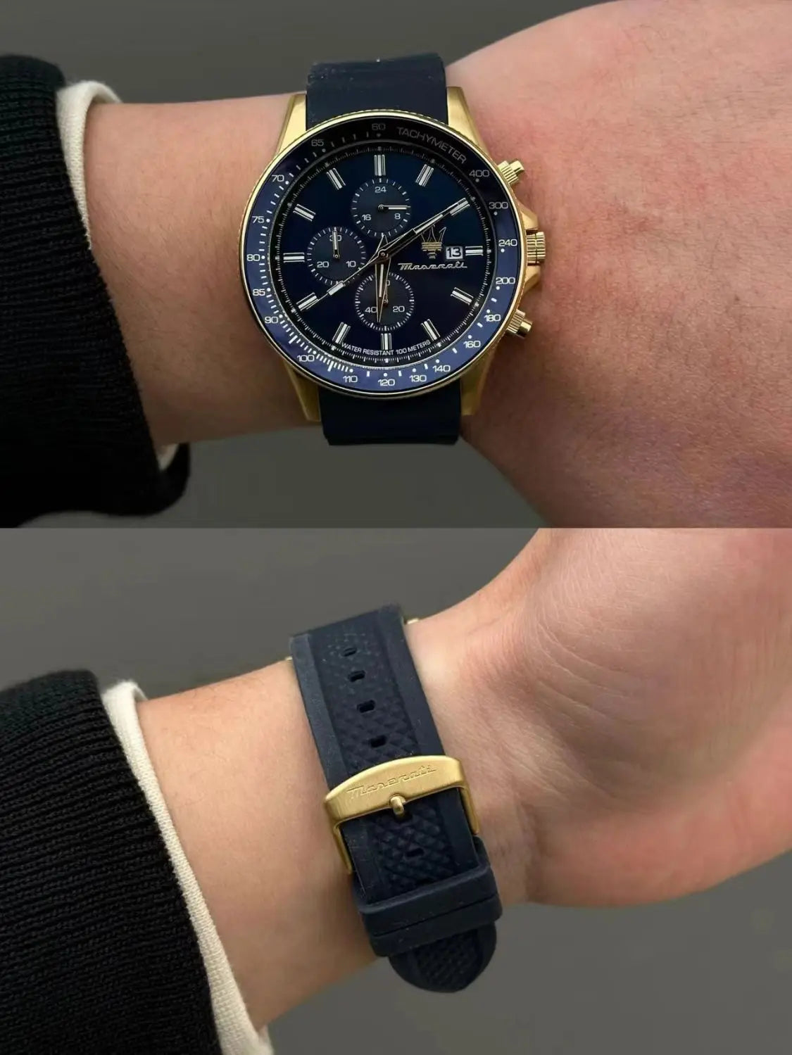 Original gold Maserati men's watch sports leisure luxury Shi Ying Europe and America large dial black silicone watch.