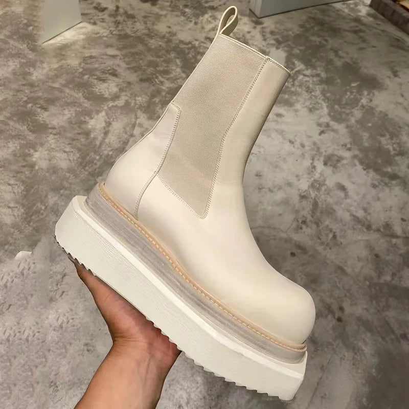 Chelsea Boots Women Cow Leather Square Toe Fashion Slip On Thick Sole Block Heel Ladies Flat Shoes Winter Ankle Boots