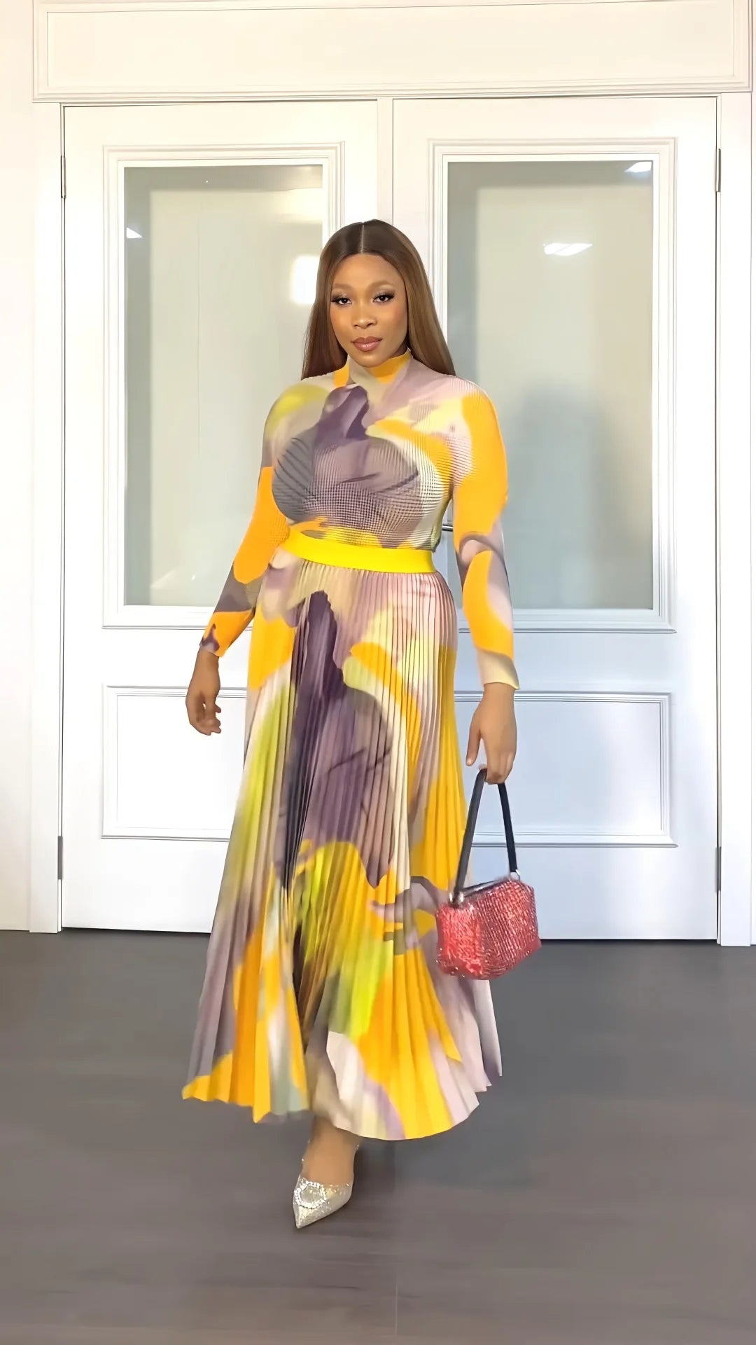 2 Piece Sets Womens Outfits Fashion Waffle Long Sleeved Pullover Short Top Elegant Pleated Skirt Tie Dye Autumn Two-Piece Set