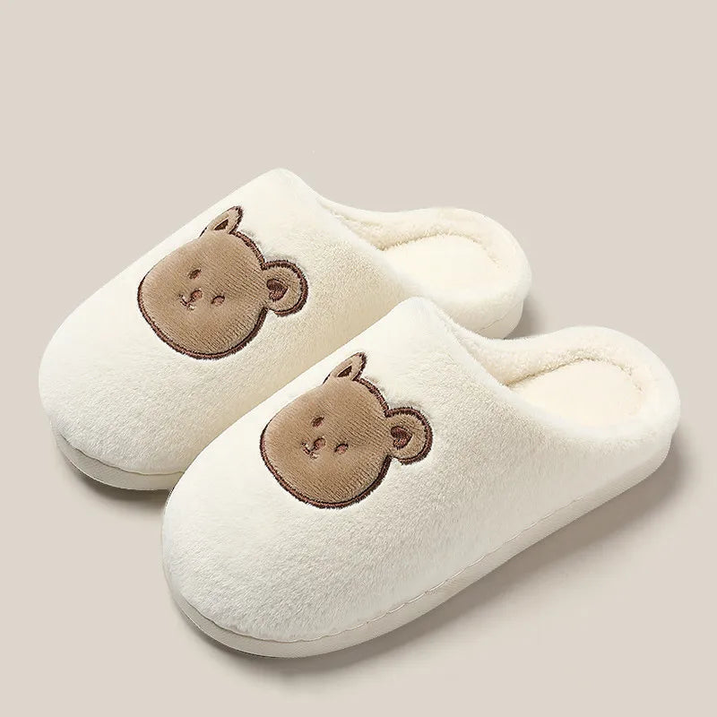 New Women Home Slippers Men Furry Indoor Bedroom Flats Warm Plush Couples Cute Cartoon Bear Winter Floor Slides Non-slip Shoes