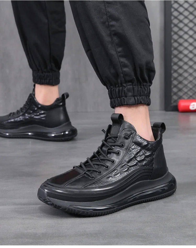 Men's winter thick bottom casual shoes light luxury fashion Air Cushion Cowhide Crocodile Print Sneakers Height Lifting Non-Slip