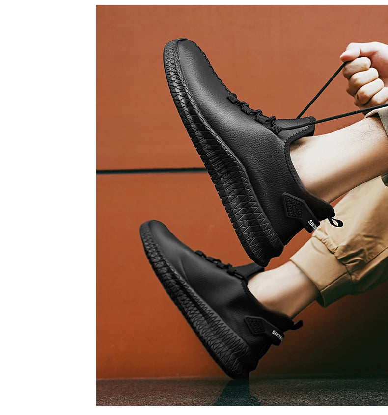 HKDQ New Men Casual Sneakers Waterproof Non Slip Outdoor Sneakers Male Artificial Leather Lace Up Low Top Lightweight Footwear