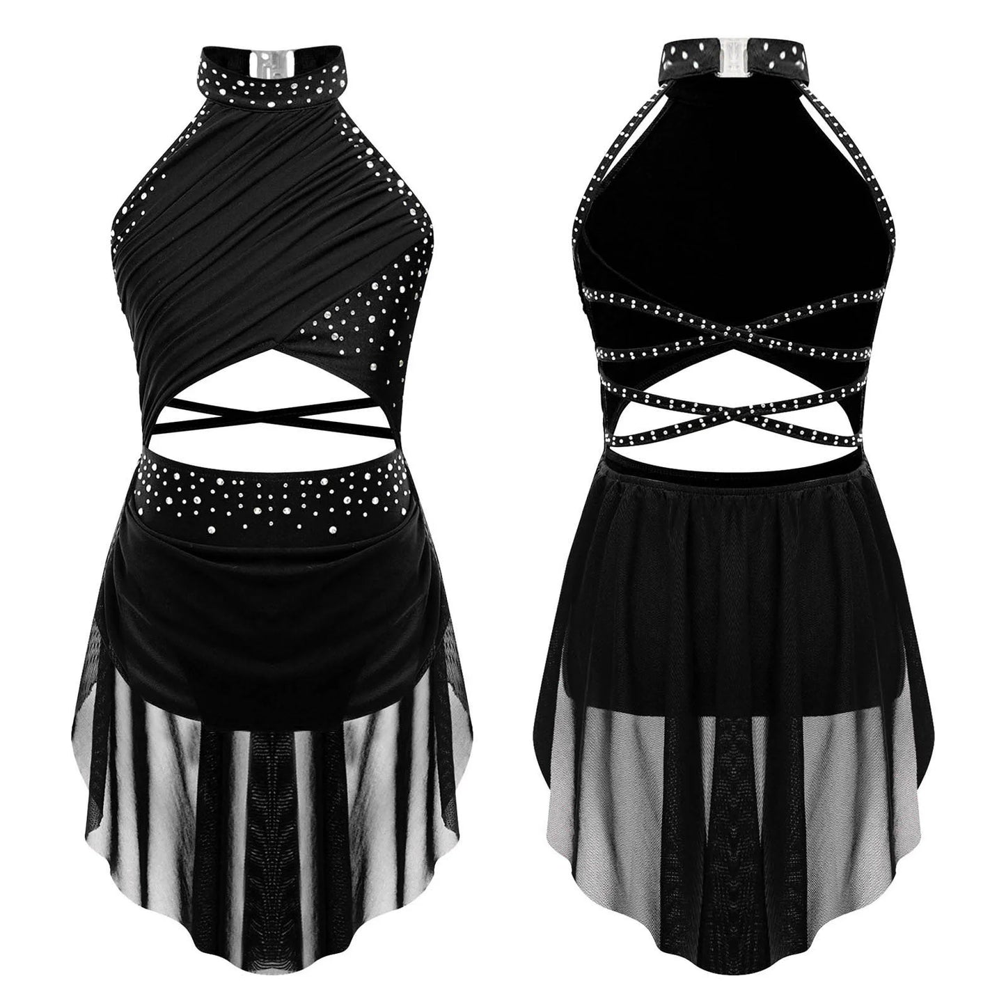 Kids Girls Lyrical Dance Leotard Dress Halter Backless Cutout Back Shiny Rhinestones Ruched Mesh Drape Dresses Modern Dancewear
