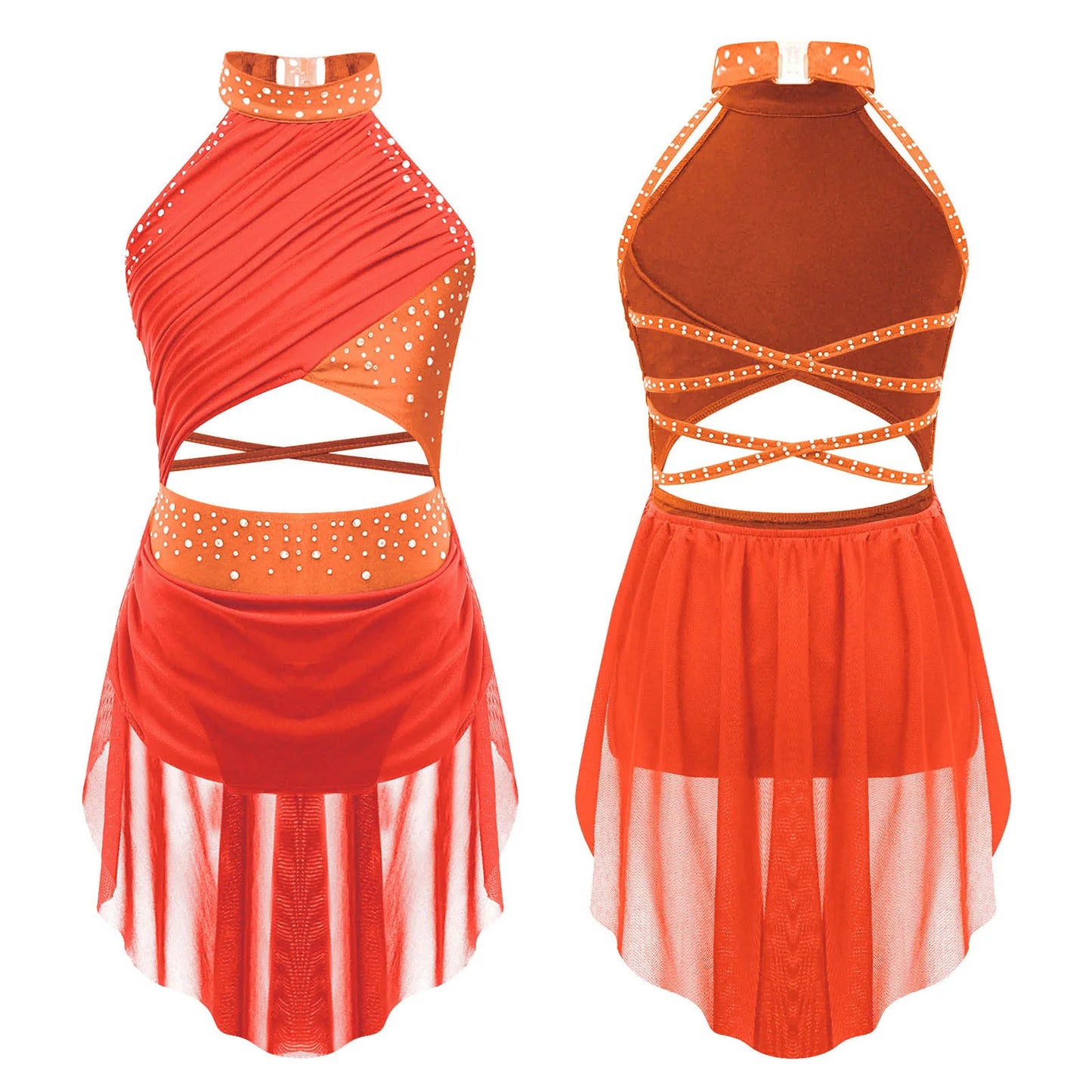 Kids Girls Lyrical Dance Leotard Dress Halter Backless Cutout Back Shiny Rhinestones Ruched Mesh Drape Dresses Modern Dancewear