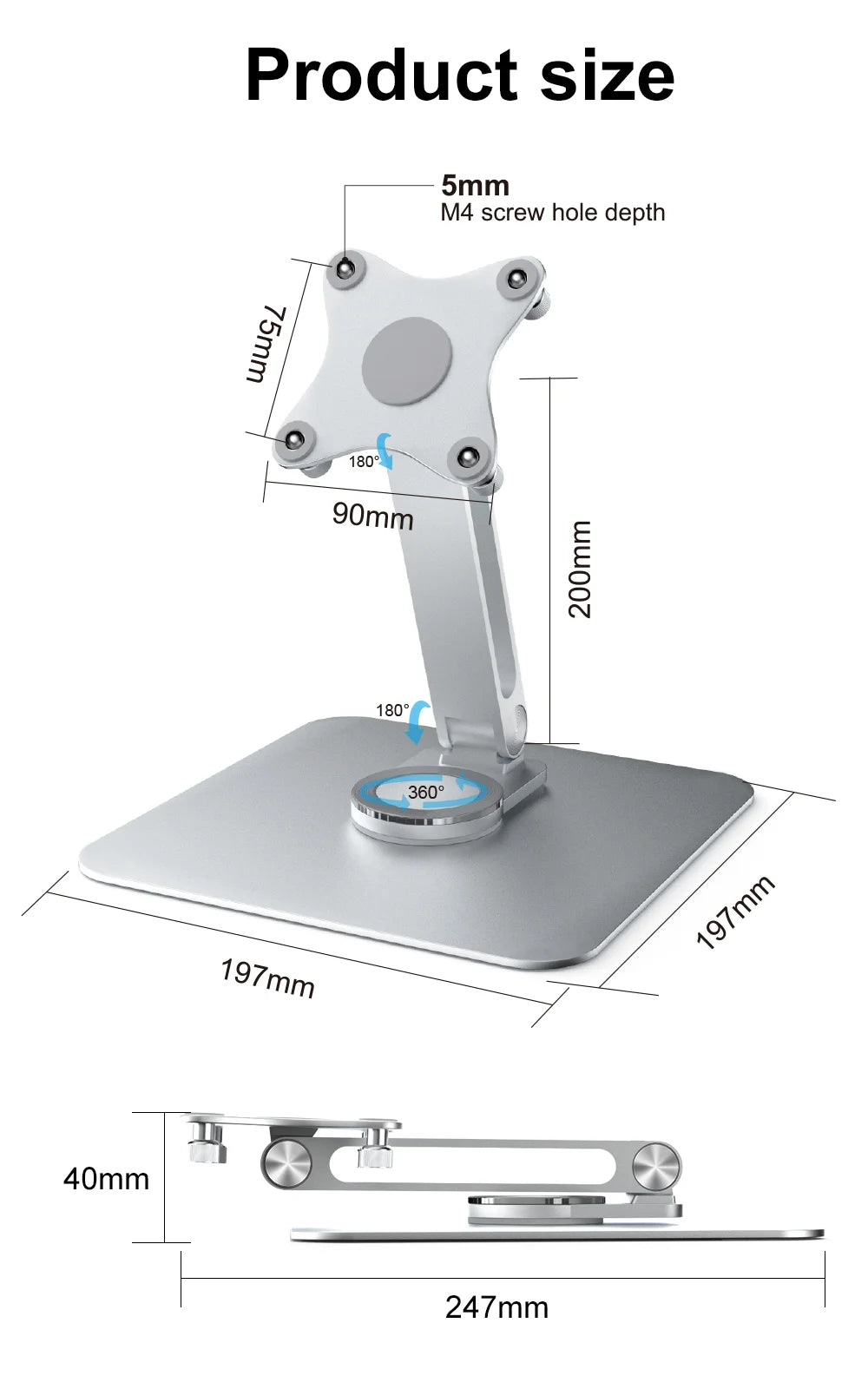 Portable monitor stand aluminum alloy desktop 360 ° rotation, VESA 75x75 suitable for M4 screws 5KG load capacity ultra stable
