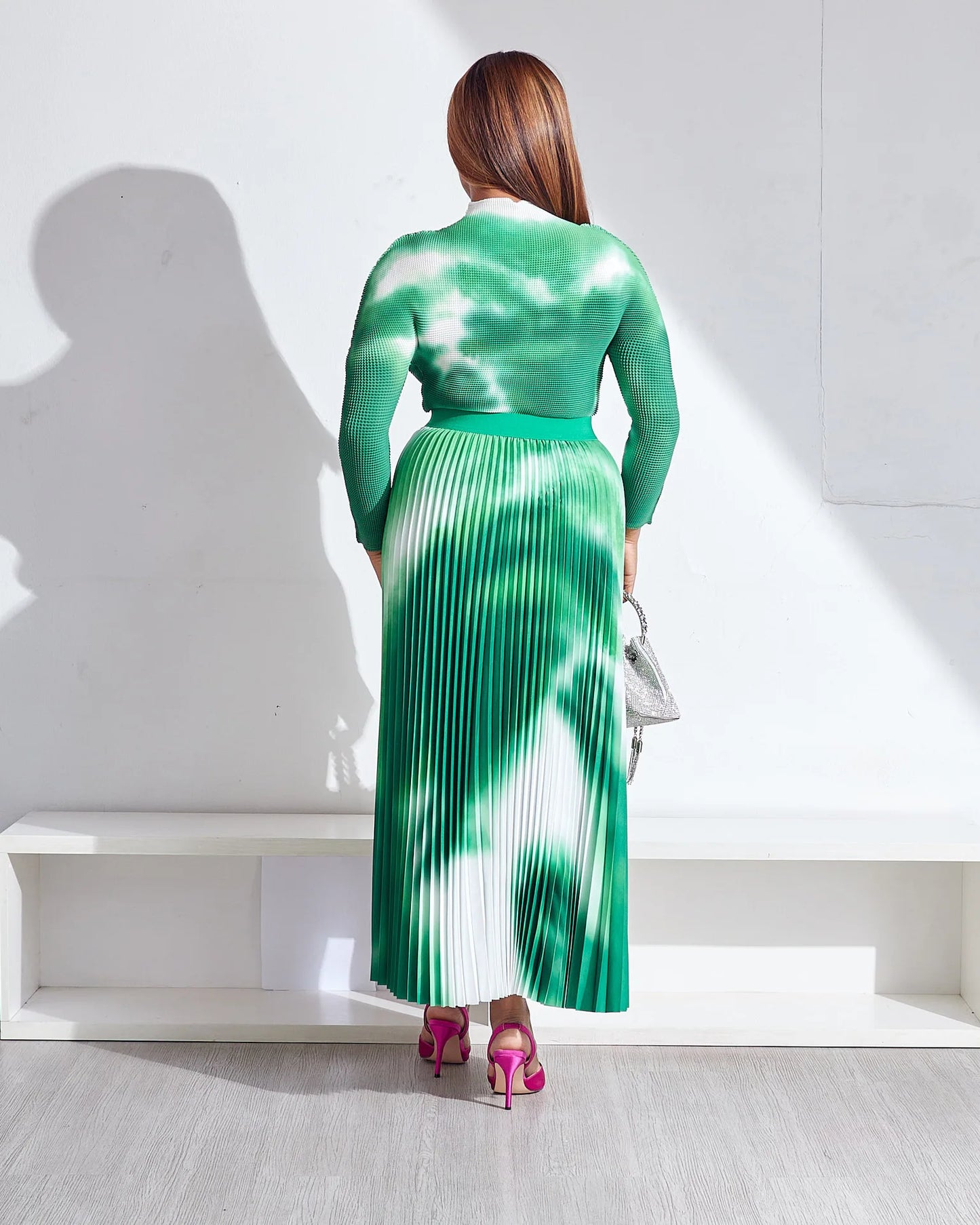 2 Piece Sets Womens Outfits Fashion Waffle Long Sleeved Pullover Short Top Elegant Pleated Skirt Tie Dye Autumn Two-Piece Set