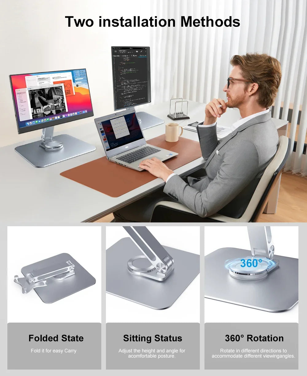 Aluminum Alloy Stand for Protable Monitor Table Bracket Adjustable 360 Rotation M4 Screw Bases Strong Load Capacity Super Stable