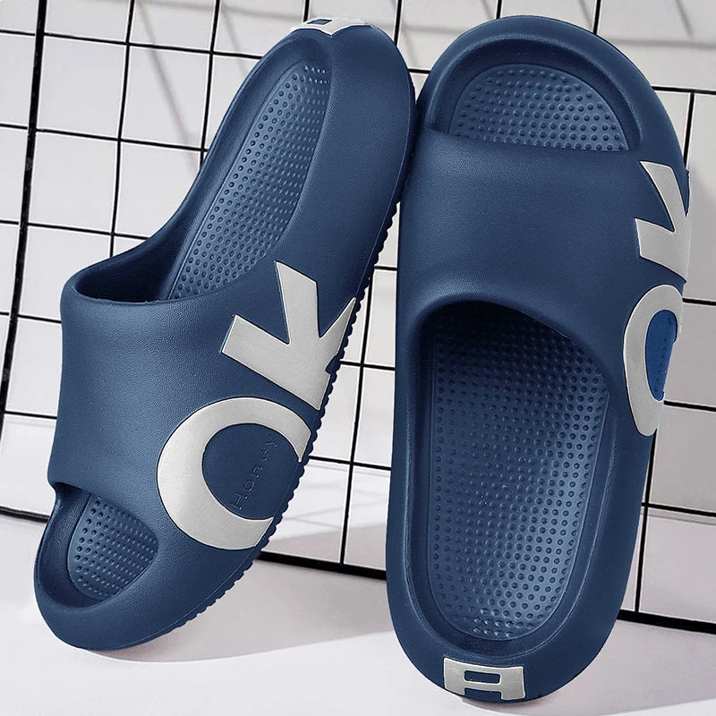 Men's sandals and slippers, printed with letters, casual and fashionable anti slip open toe thick sole slippers, suitable for in