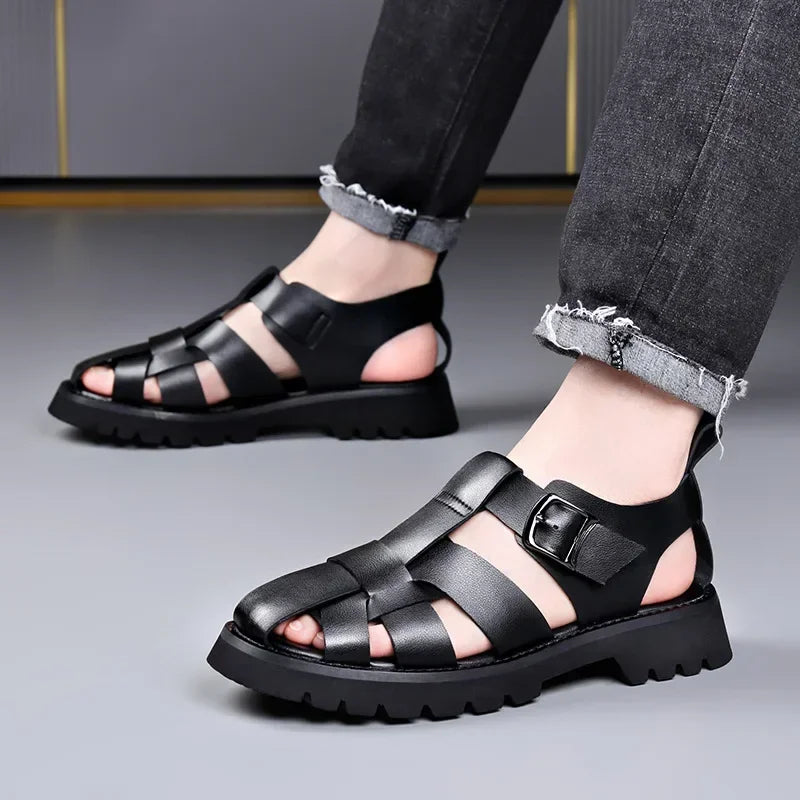 Men Sandals Cow Leather Roman Sandals for Men Summer Designer Platform Shoes Male Fashion Casual Black Sandals Man