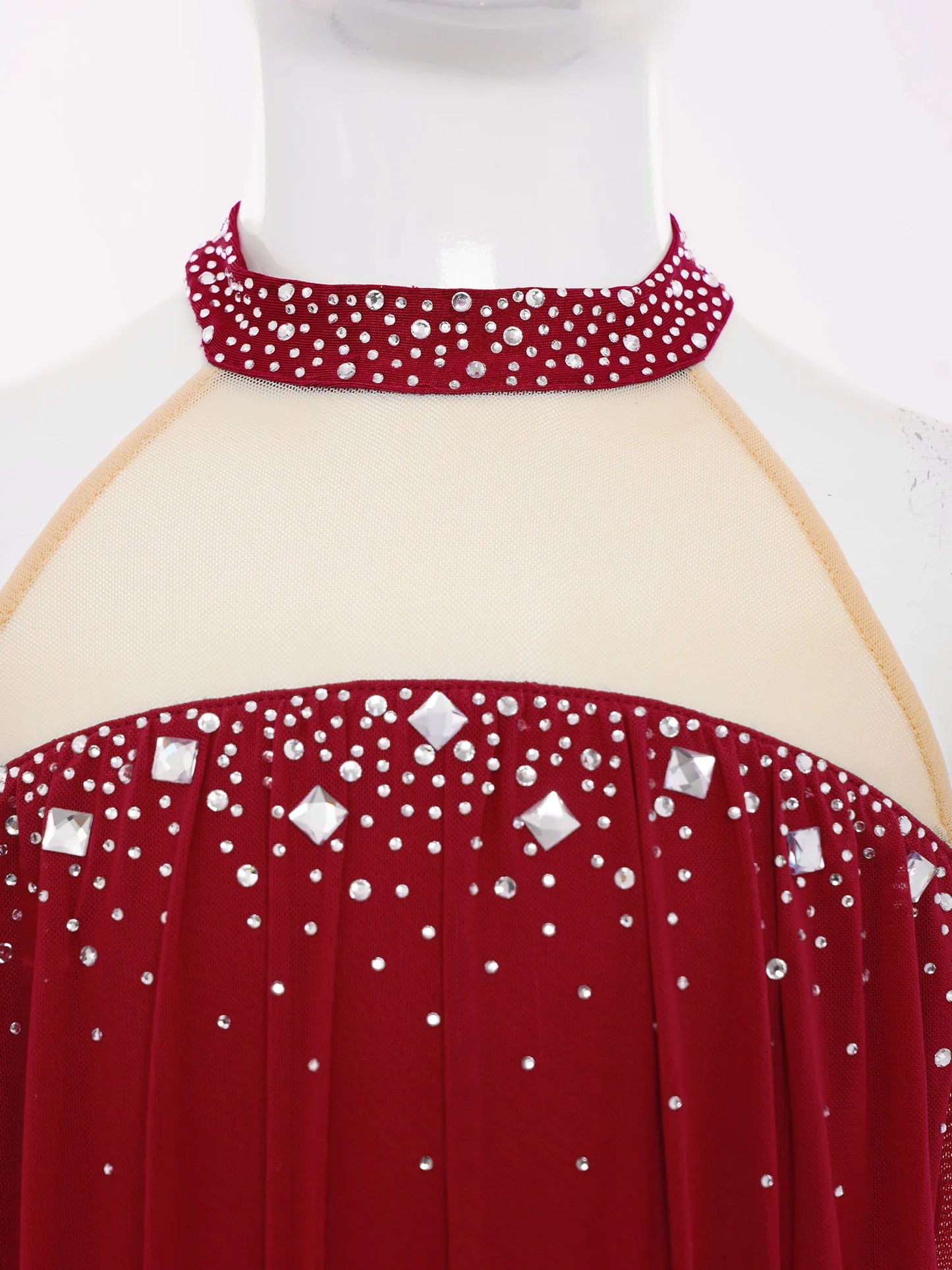 Kids Girls Lyrical Dance Leotard Dress Halter Backless Cutout Back Shiny Rhinestones Ruched Mesh Drape Dresses Modern Dancewear