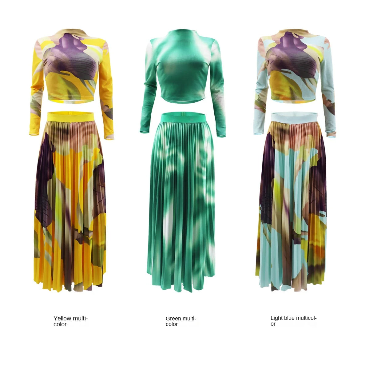 2 Piece Sets Womens Outfits Fashion Waffle Long Sleeved Pullover Short Top Elegant Pleated Skirt Tie Dye Autumn Two-Piece Set