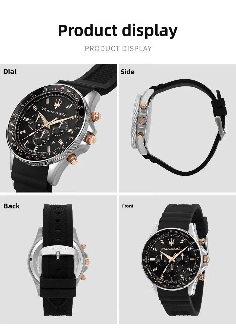 Original gold Maserati men's watch sports leisure luxury Shi Ying Europe and America large dial black silicone watch.