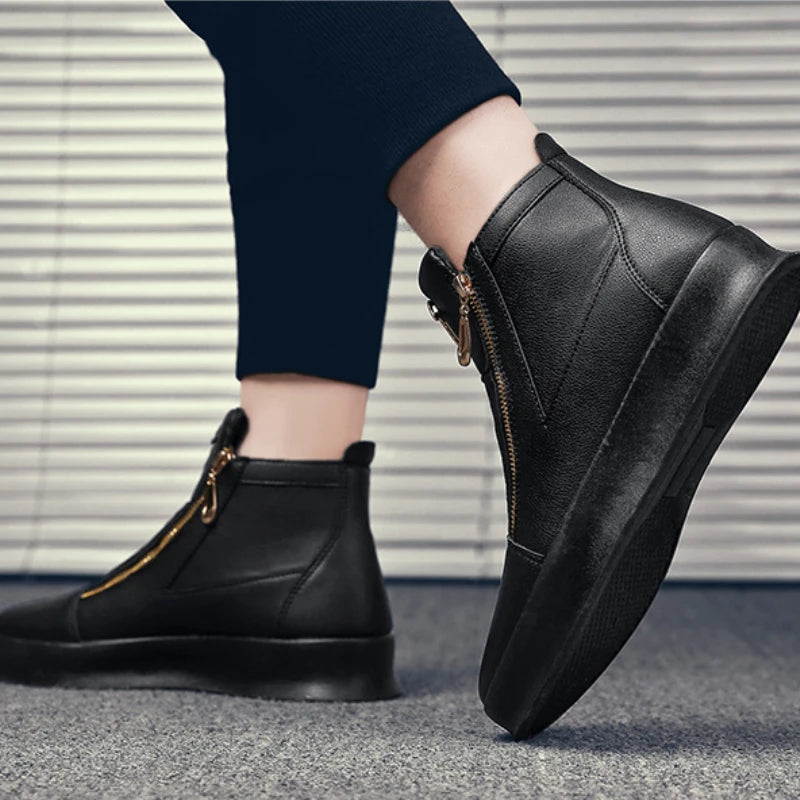 High Top Casual Shoes Platform Men's Sneakers Fashion Zipper Ankle Boots Leather Outdoor Shoe Non Slip Comfortable Shoes for Men