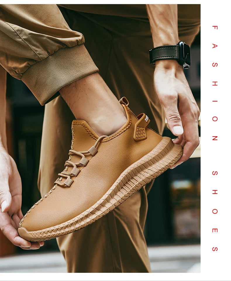 HKDQ New Men Casual Sneakers Waterproof Non Slip Outdoor Sneakers Male Artificial Leather Lace Up Low Top Lightweight Footwear