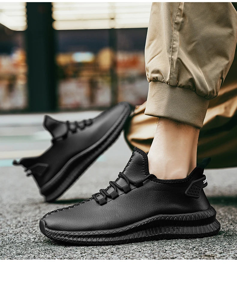 HKDQ New Men Casual Sneakers Waterproof Non Slip Outdoor Sneakers Male Artificial Leather Lace Up Low Top Lightweight Footwear