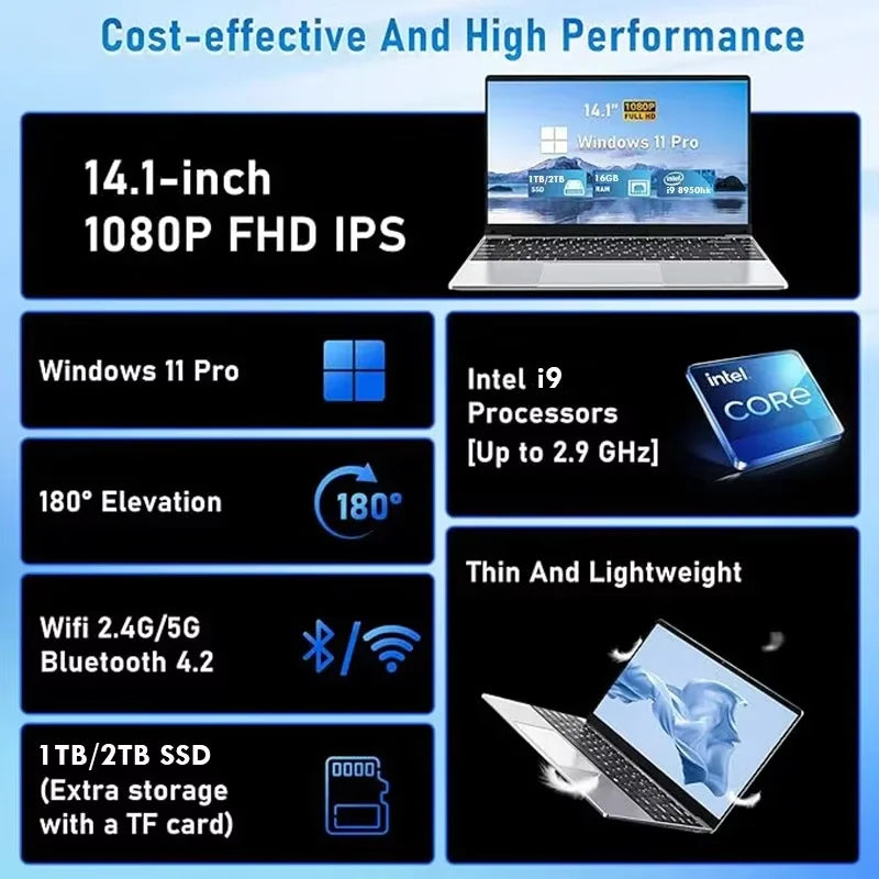 14.1” Laptop Windows 11 Intel Core i9-8950hk 16GB RAM 1/2TB M.2 SSD Laptops 4K HD Gaming laptop