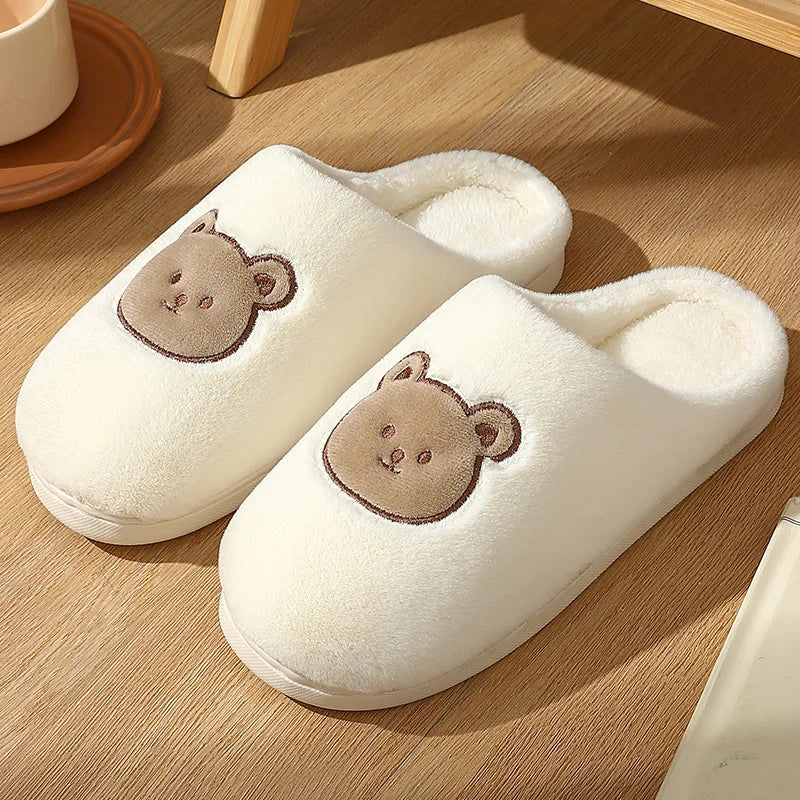New Women Home Slippers Men Furry Indoor Bedroom Flats Warm Plush Couples Cute Cartoon Bear Winter Floor Slides Non-slip Shoes