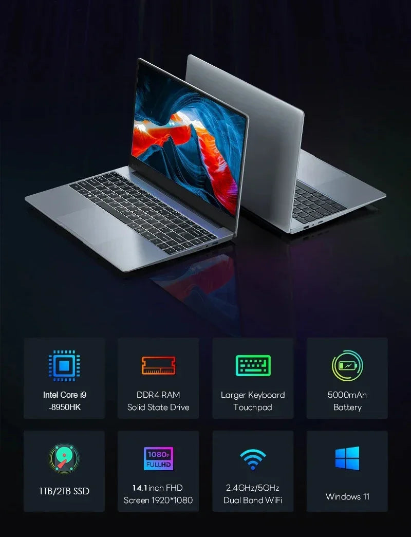 14.1” Laptop Windows 11 Intel Core i9-8950hk 16GB RAM 1/2TB M.2 SSD Laptops 4K HD Gaming laptop